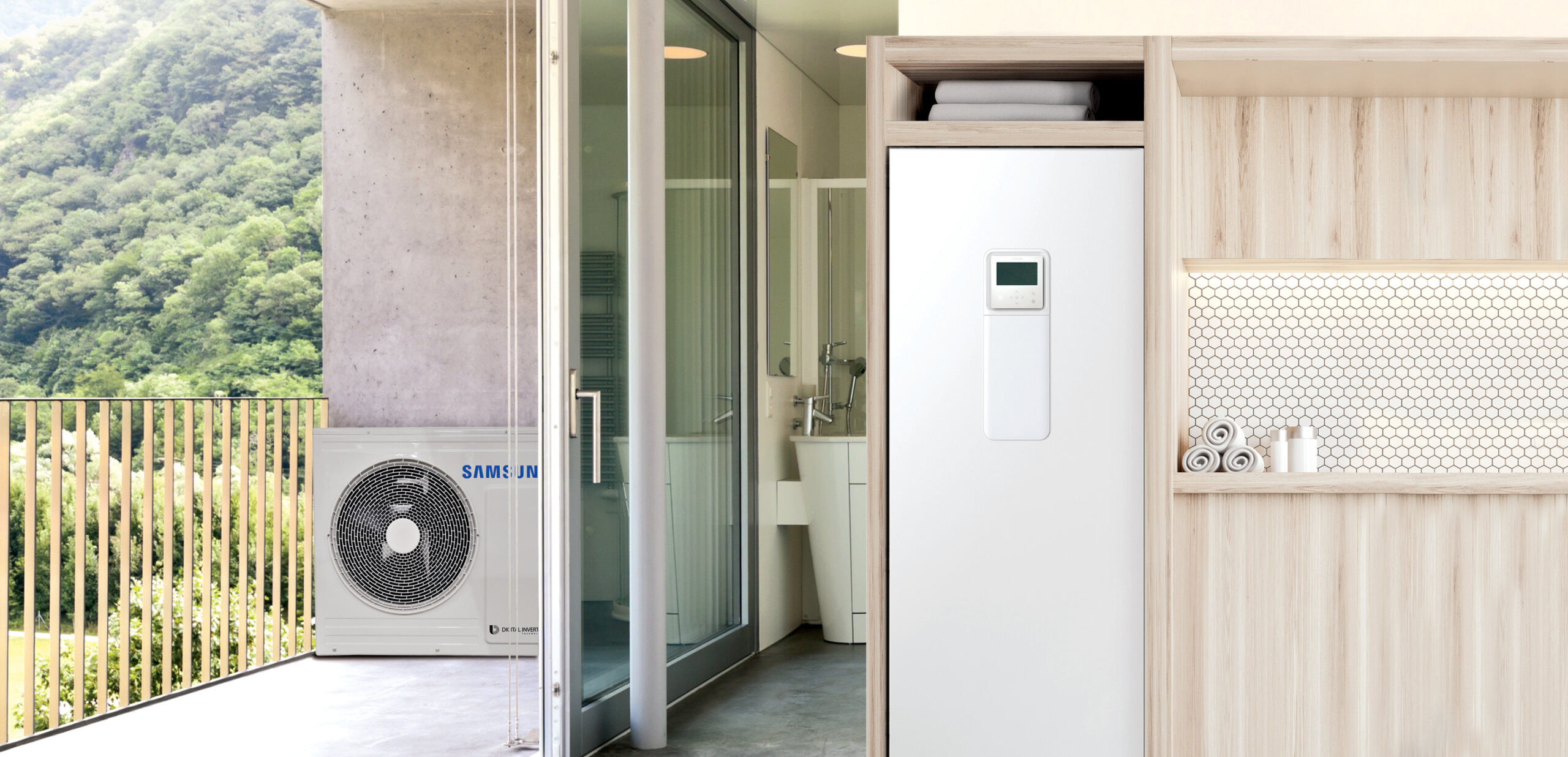 Vonkajšia jednotka tepelného čerpadla Samsung na balkóne a vnútorná jednotka ClimateHub